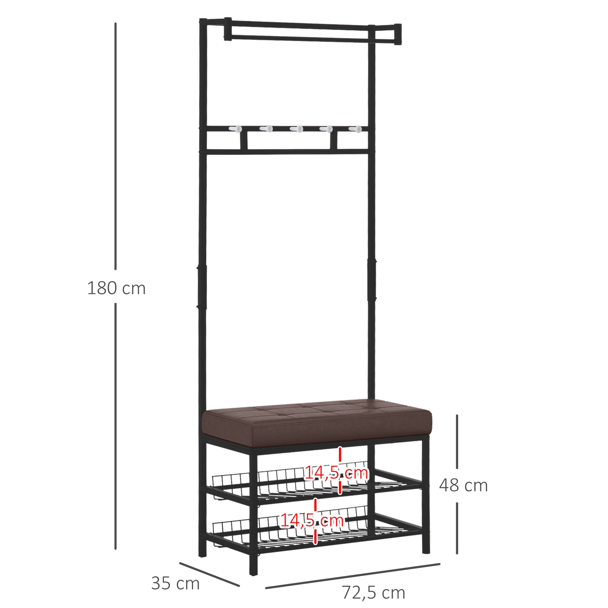 Coat Stand Clothes Rail with 5 Hooks and Shoe Bench with 2 Levels Metal Coat Stand for Hallway, Bedroom, 72.5 x35 x 180cm