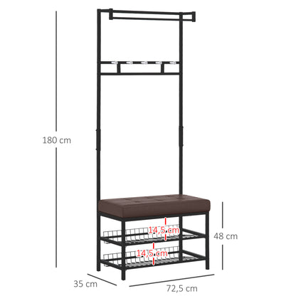 Coat Stand Clothes Rail with 5 Hooks and Shoe Bench with 2 Levels Metal Coat Stand for Hallway, Bedroom, 72.5 x35 x 180cm