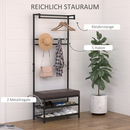 Coat Stand Clothes Rail with 5 Hooks and Shoe Bench with 2 Levels Metal Coat Stand for Hallway, Bedroom, 72.5 x35 x 180cm