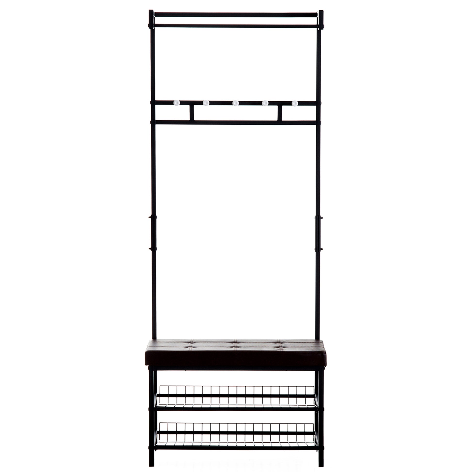 Coat Stand Clothes Rail with 5 Hooks and Shoe Bench with 2 Levels Metal Coat Stand for Hallway, Bedroom, 72.5 x35 x 180cm