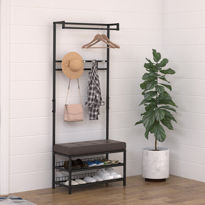 Coat Stand Clothes Rail with 5 Hooks and Shoe Bench with 2 Levels Metal Coat Stand for Hallway, Bedroom, 72.5 x35 x 180cm