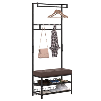 Coat Stand Clothes Rail with 5 Hooks and Shoe Bench with 2 Levels Metal Coat Stand for Hallway, Bedroom, 72.5 x35 x 180cm
