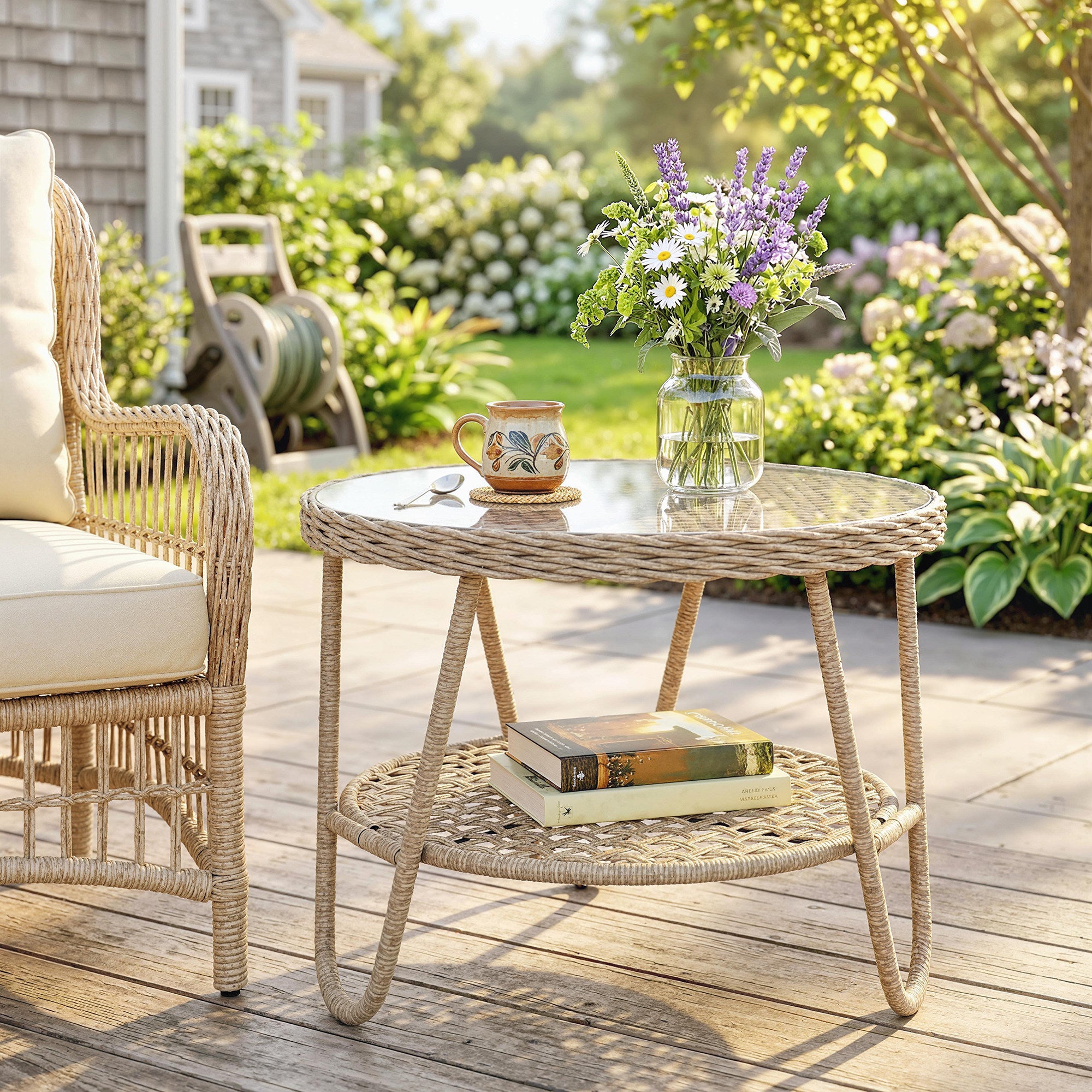 Outdoor PE Rattan Garden Side Table with Tempered Glass Top, Galvanized Metal Frame, 25.6 x 25.6 x 19.7 in (65 x 65 x 50 cm), Yellow