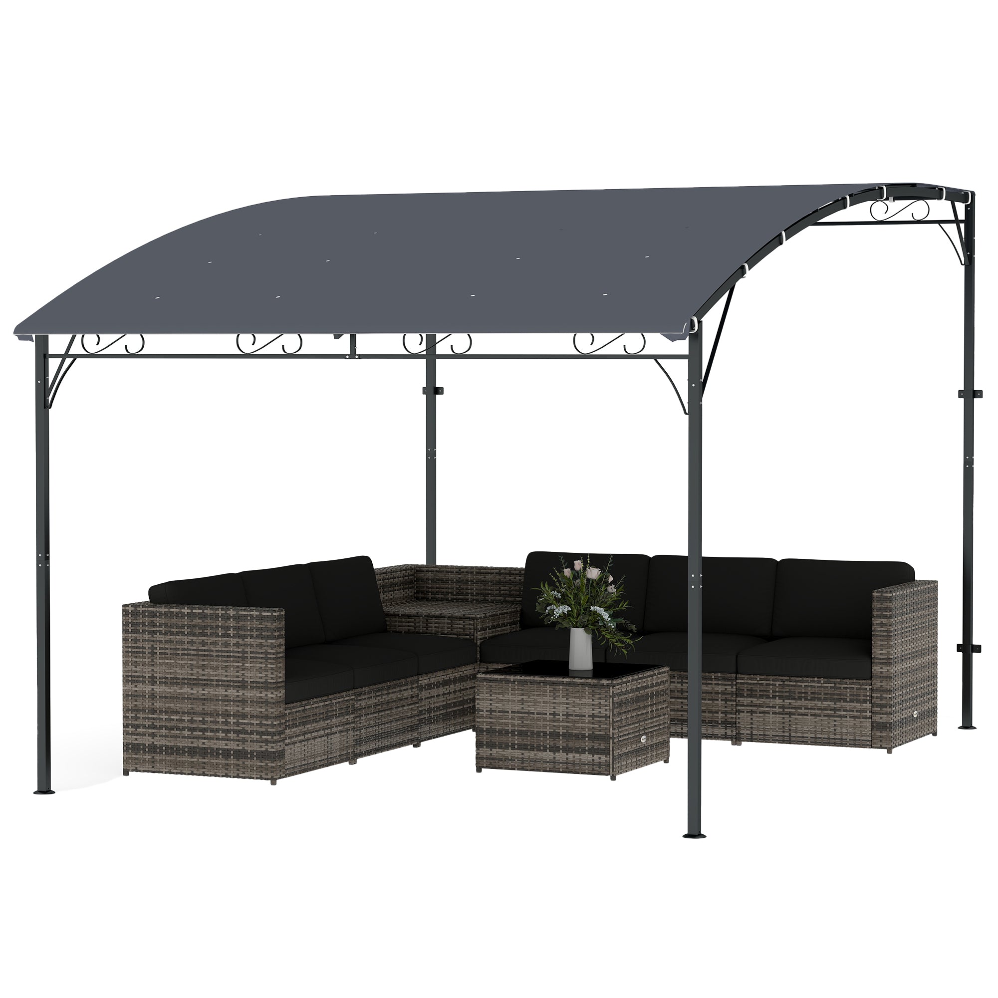 Wall-Mounted Garden Pergola, 12 ft 7 in x 9 ft 5 in — Sloped Drainage Roof, UPF30+ Waterproof Canopy, Powder-Coated Metal Frame, Gray