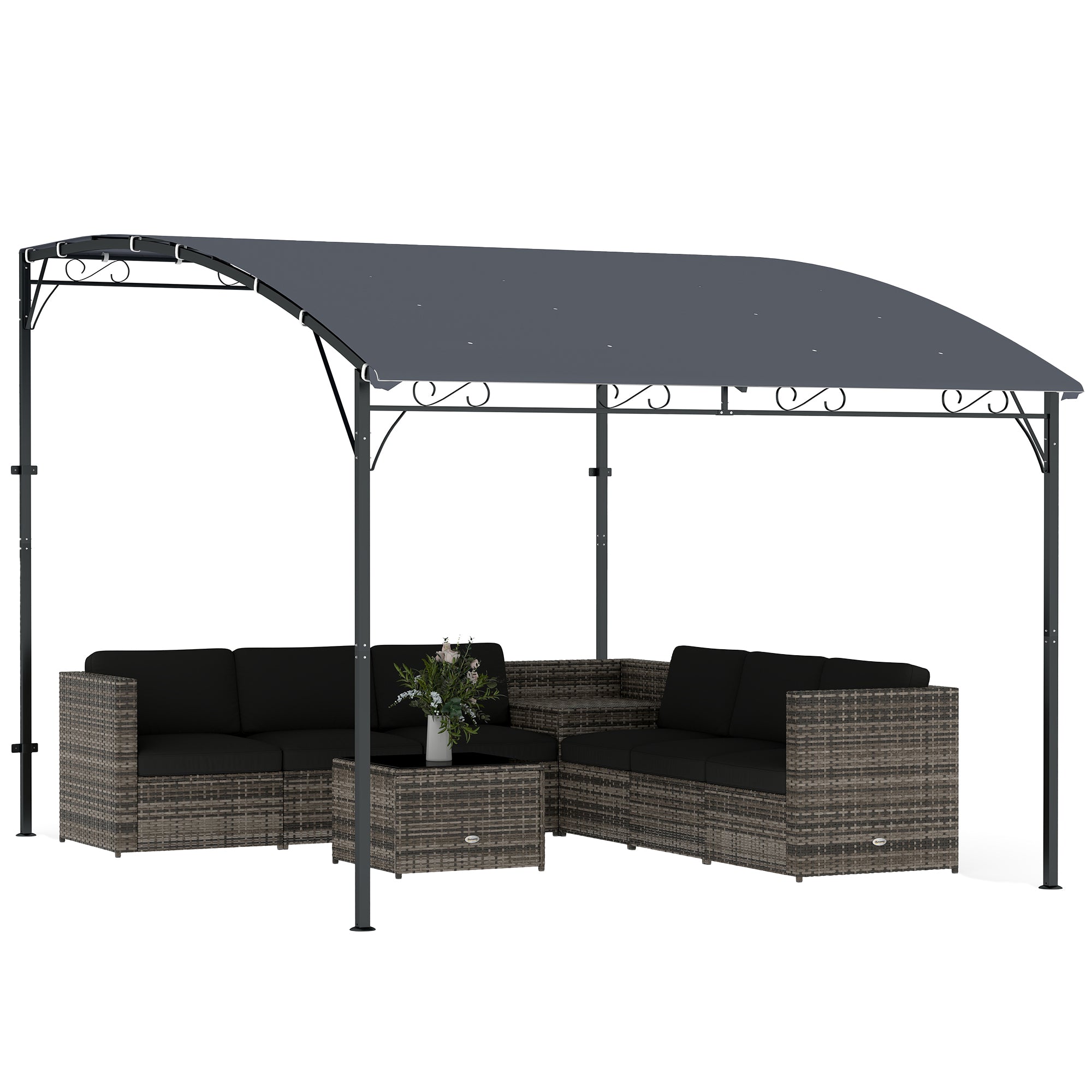 Wall-Mounted Garden Pergola, 12 ft 7 in x 9 ft 5 in — Sloped Drainage Roof, UPF30+ Waterproof Canopy, Powder-Coated Metal Frame, Gray