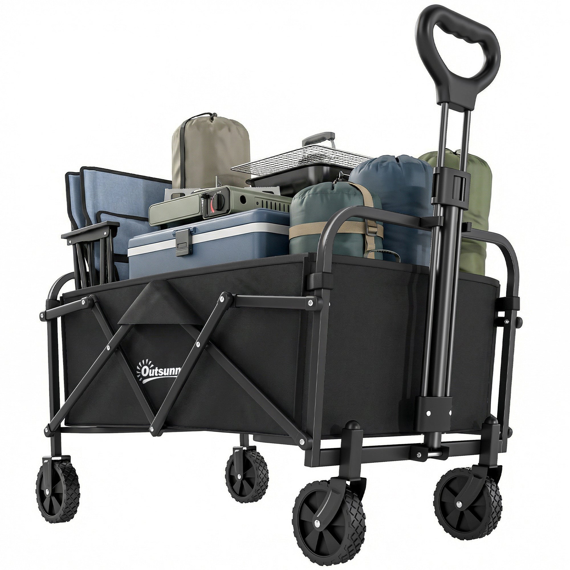 Foldable Beach Wagon with Wheels, Adjustable Handle, Metal Frame, 150 lb Capacity, All-Terrain Utility Cart for Garden, Camping, Shopping — Black