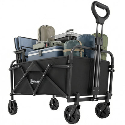 Foldable Beach Wagon with Wheels, Adjustable Handle, Metal Frame, 150 lb Capacity, All-Terrain Utility Cart for Garden, Camping, Shopping — Black