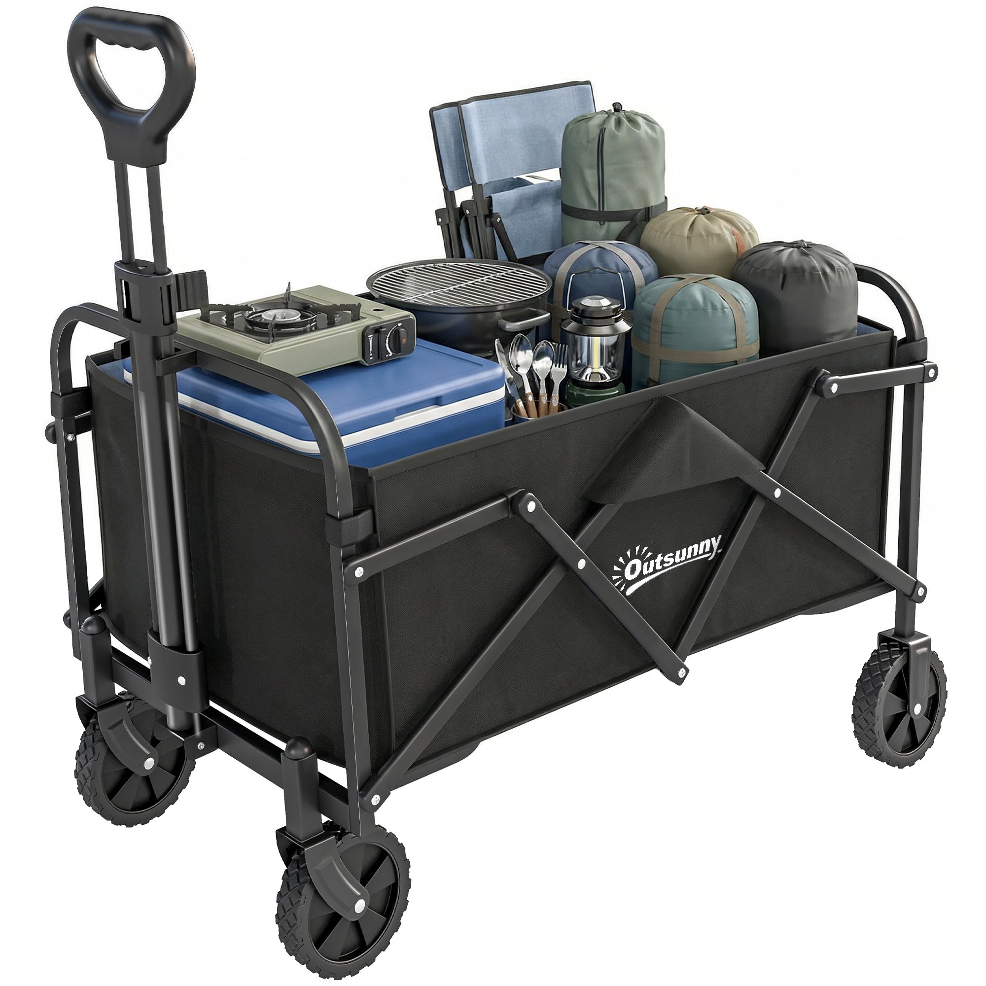 Foldable Beach Wagon with Wheels, Adjustable Handle, Metal Frame, 150 lb Capacity, All-Terrain Utility Cart for Garden, Camping, Shopping — Black