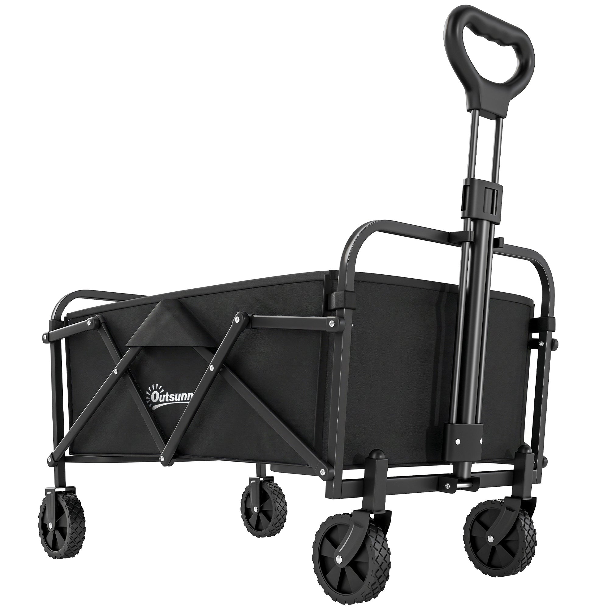 Foldable Beach Wagon with Wheels, Adjustable Handle, Metal Frame, 150 lb Capacity, All-Terrain Utility Cart for Garden, Camping, Shopping — Black