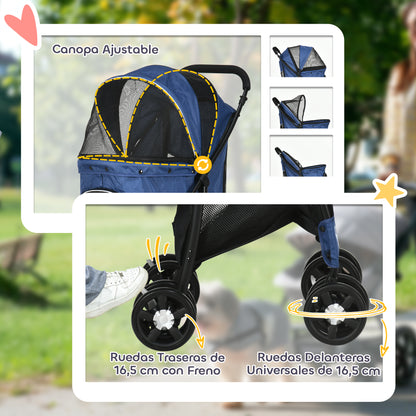 Foldable Dog Stroller Pet Buggy for Small Dogs with Basket Adjustable Canopy Mesh Window and 2 Universal Wheels Load 15 kg 81x48x99 cm Navy Blue