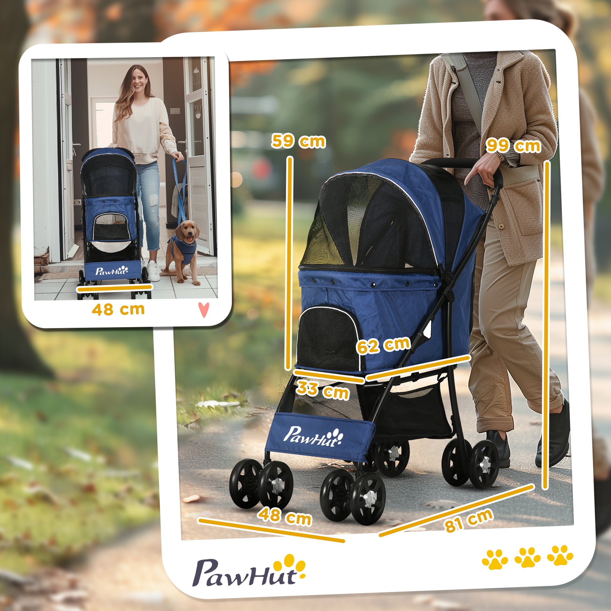 Foldable Dog Stroller Pet Buggy for Small Dogs with Basket Adjustable Canopy Mesh Window and 2 Universal Wheels Load 15 kg 81x48x99 cm Navy Blue