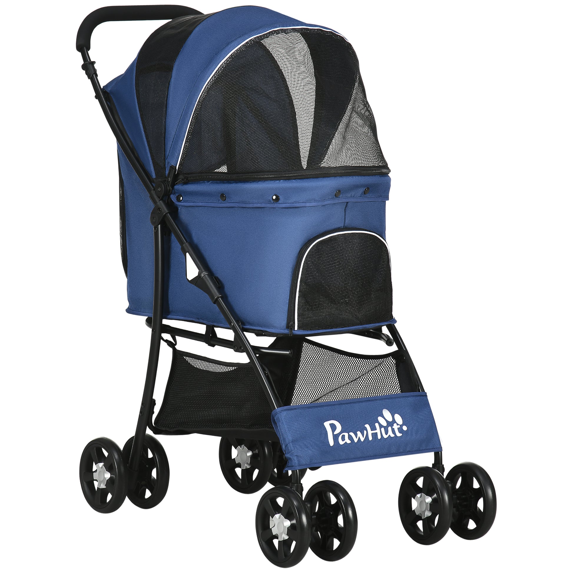 Foldable Dog Stroller Pet Buggy for Small Dogs with Basket Adjustable Canopy Mesh Window and 2 Universal Wheels Load 15 kg 81x48x99 cm Navy Blue