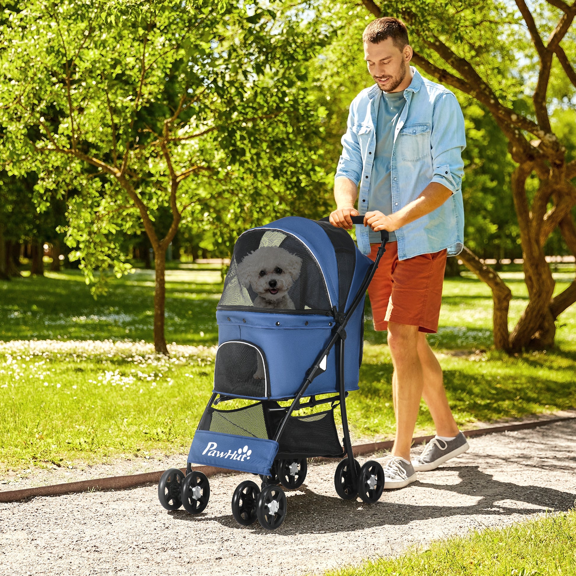 Foldable Dog Stroller Pet Buggy for Small Dogs with Basket Adjustable Canopy Mesh Window and 2 Universal Wheels Load 15 kg 81x48x99 cm Navy Blue