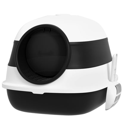 Cat Litter Box Cat Toilet House Foldable Swing Door Skylight + Shovel Included 52 x 41 x 38 cm - black white