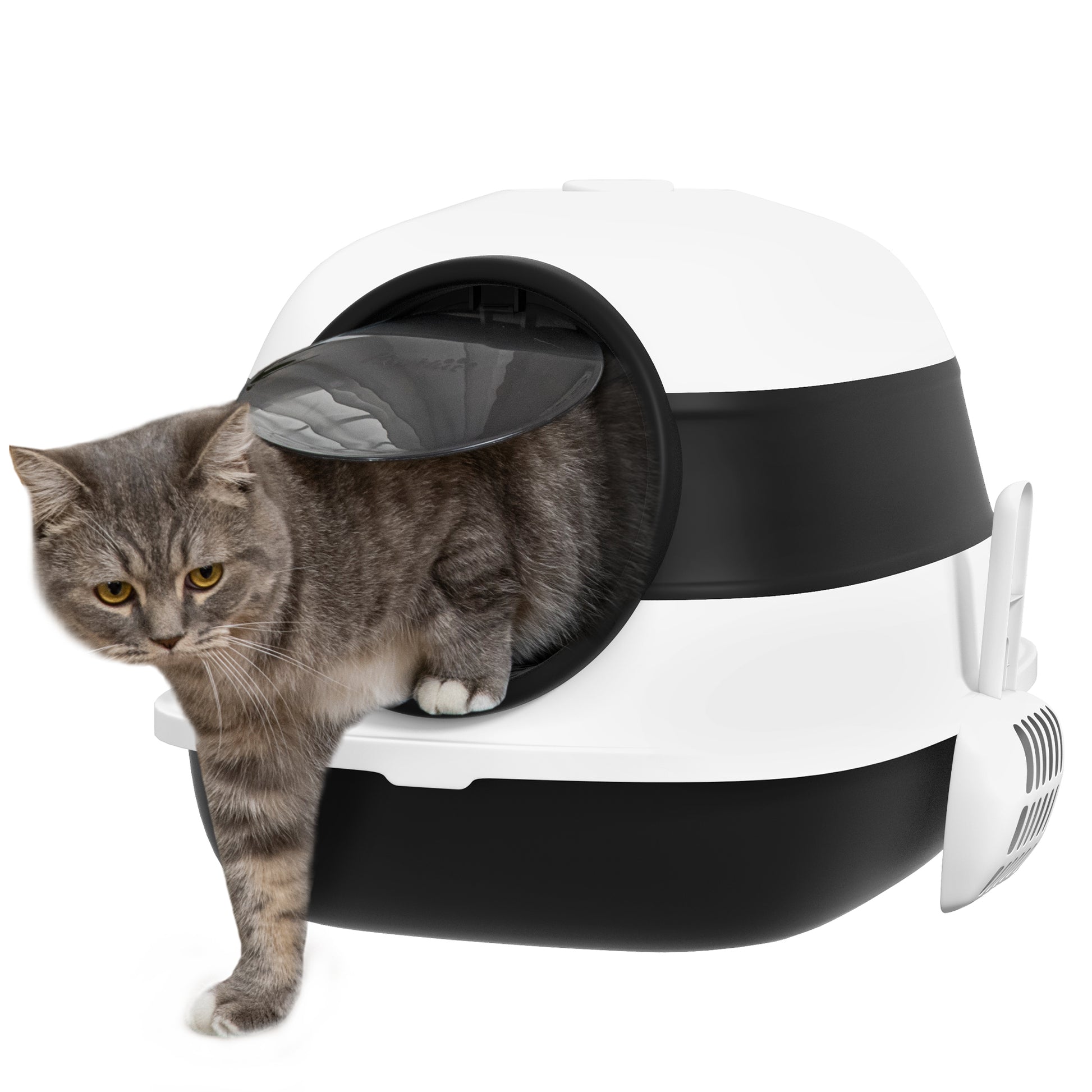 Cat Litter Box Cat Toilet House Foldable Swing Door Skylight + Shovel Included 52 x 41 x 38 cm - black white