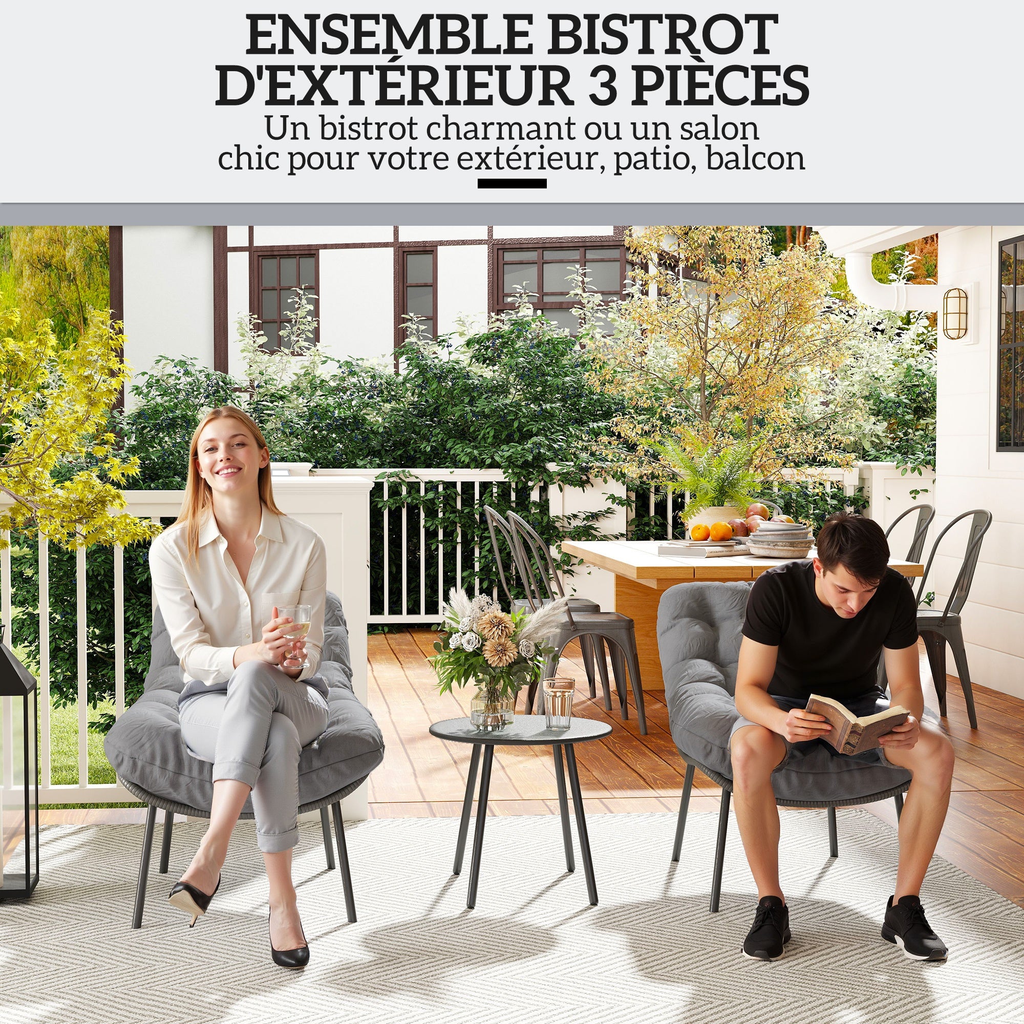 Outdoor Rattan Resin Garden Furniture Set for 2 People with 15 cm Thick Cushions and Steel Frames for Balcony, Terrace, Patio, Gray