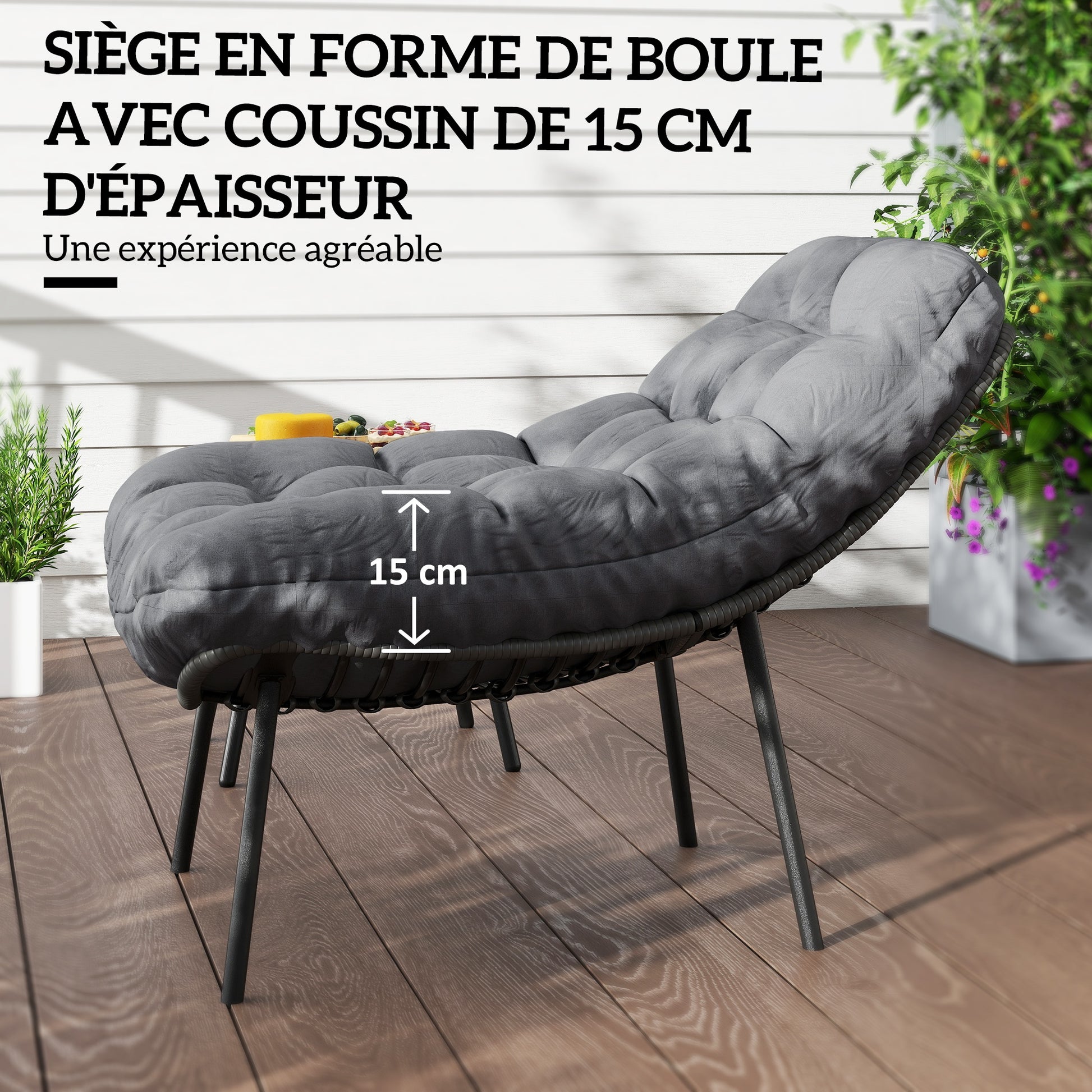 Outdoor Rattan Resin Garden Furniture Set for 2 People with 15 cm Thick Cushions and Steel Frames for Balcony, Terrace, Patio, Gray