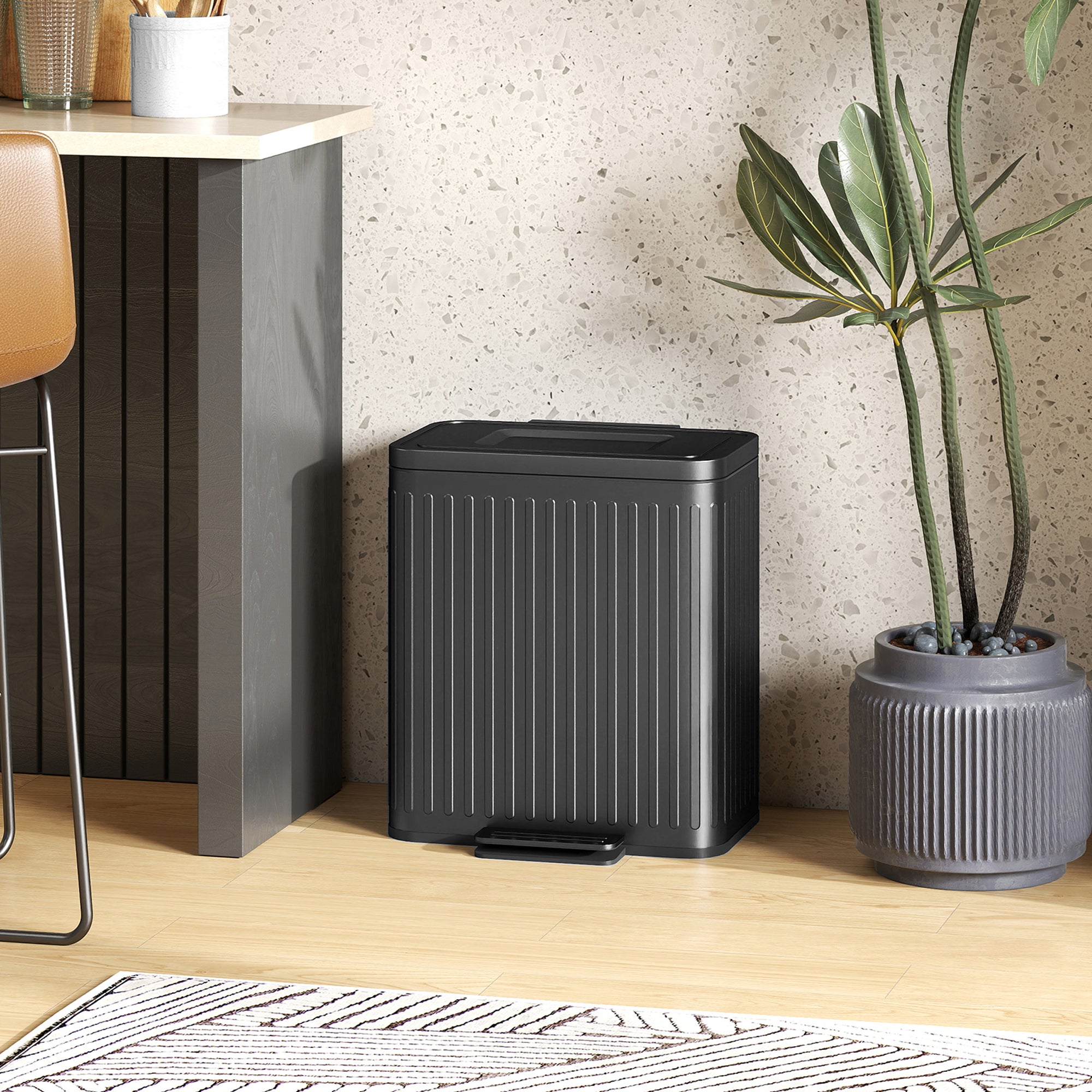 40L Dual-Compartment Step Trash Can — 2 x 20L Removable Inner Buckets, Soft-Close Lid & Hold-Open, Fingerprint-Resistant — Black