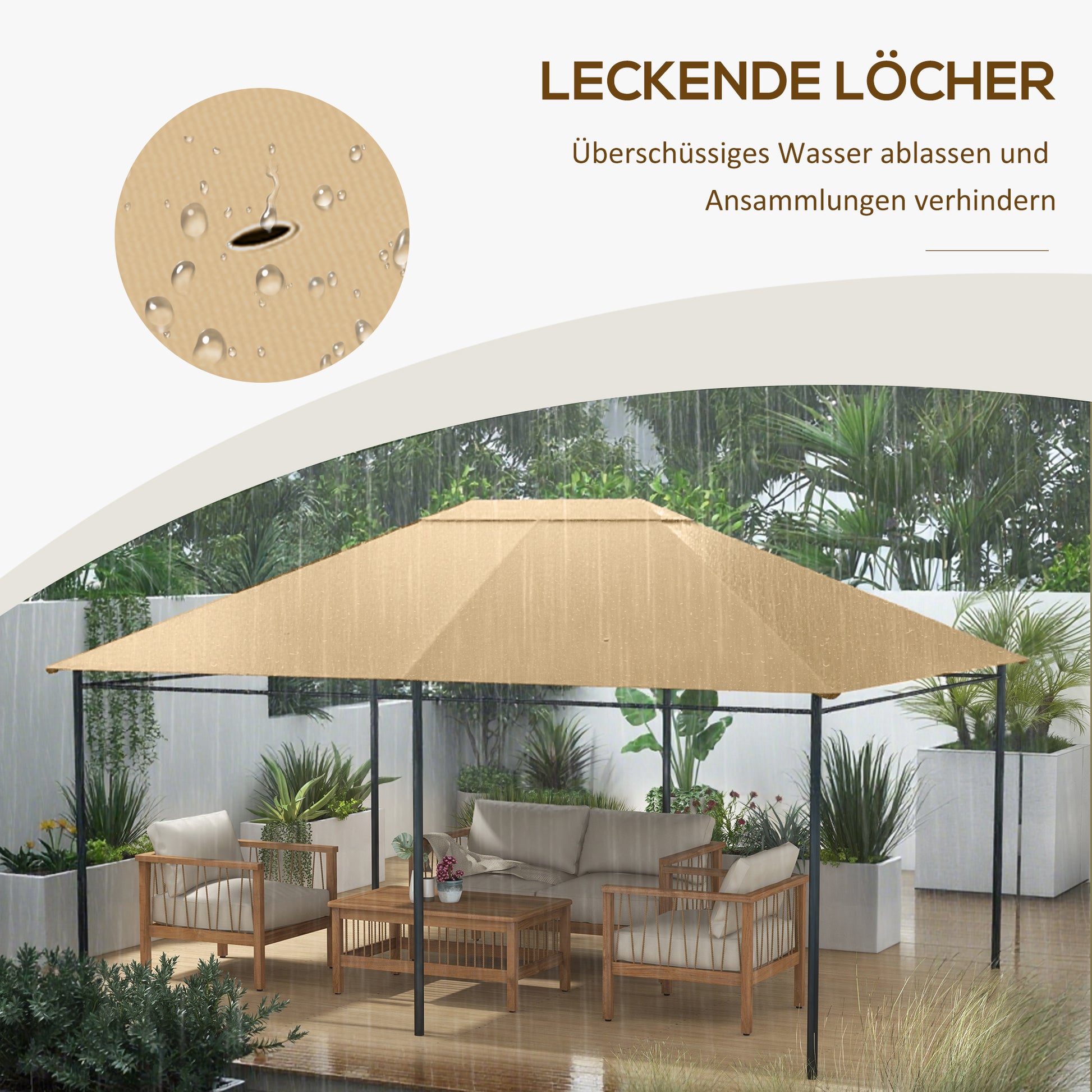 Replacement Roof for Pavilion 4 x 3m, Water-Repellent Pavilion Roof with UV Protection 30+, Replacement Cover for Garden Pavilion, Polyester Fabric Replacement Parts, 180 g/m², Khaki
