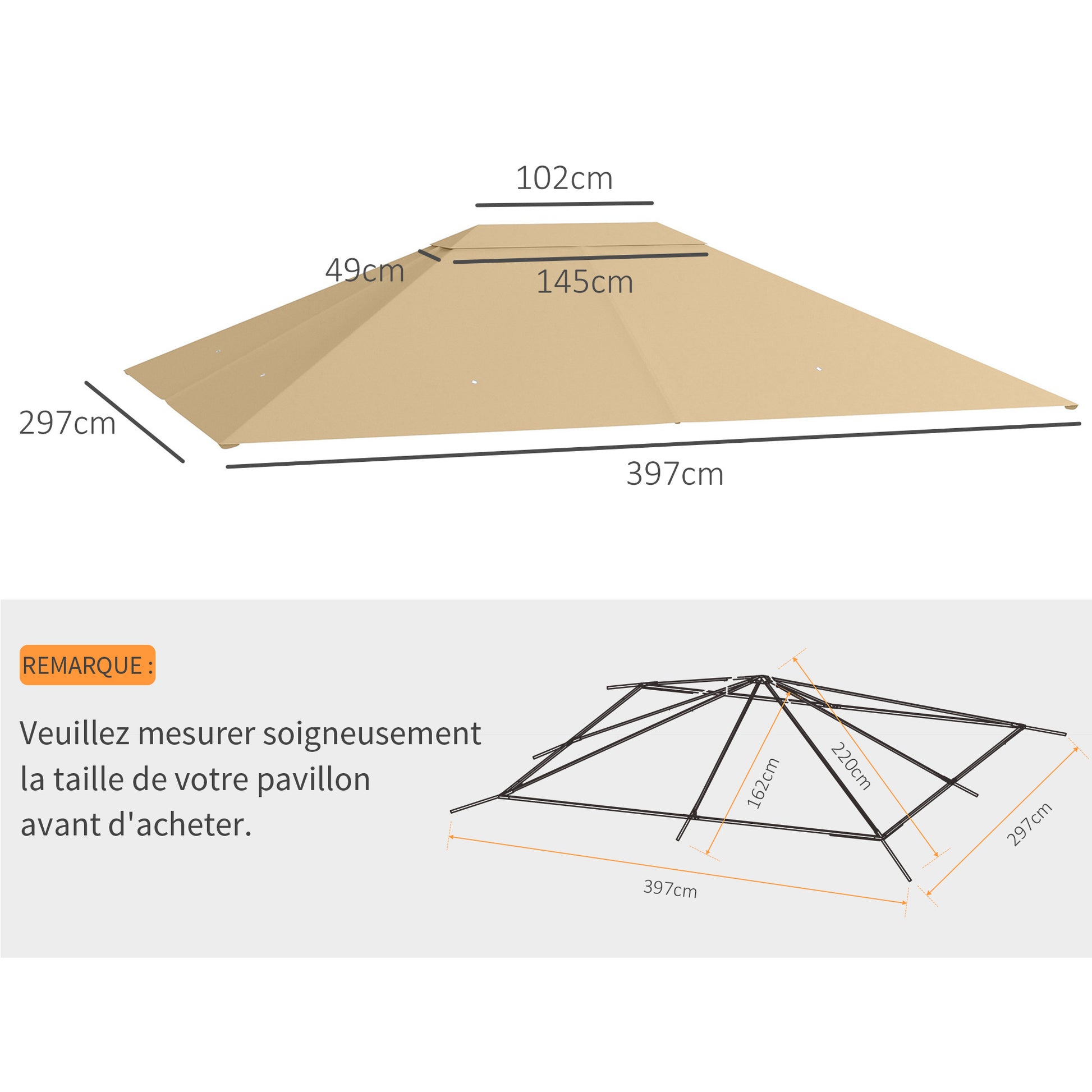 Replacement Roof for Pavilion 4 x 3m, Water-Repellent Pavilion Roof with UV Protection 30+, Replacement Cover for Garden Pavilion, Polyester Fabric Replacement Parts, 180 g/m², Khaki