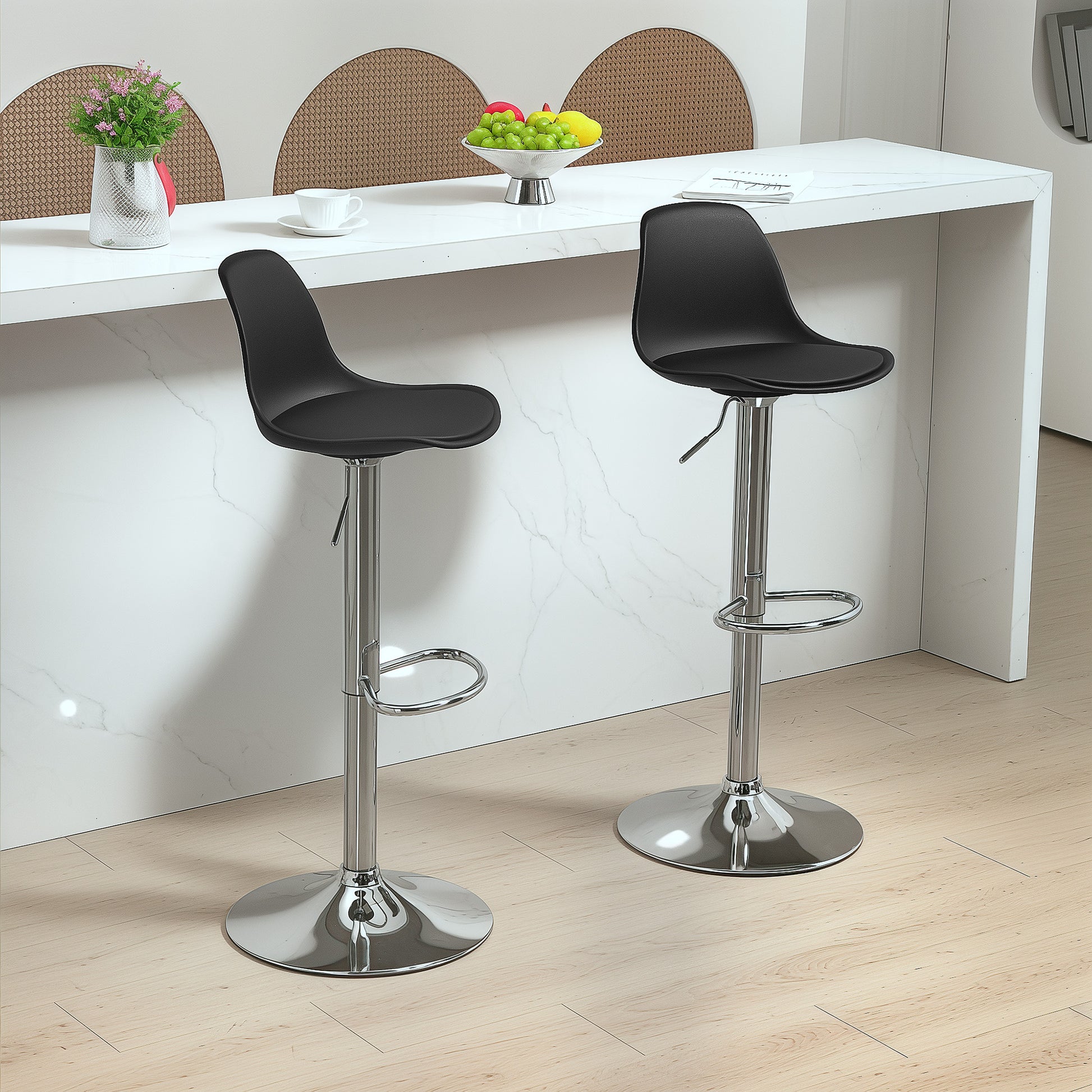 Bar Stool Set of 2, Upholstered Bar Chair with Steel Frame, Backrest, Height Adjustable Kitchen Chairs with Footrest 360° Swivel Counter Stools for Kitchen, Living Room, Dining Room, Faux Leather Black