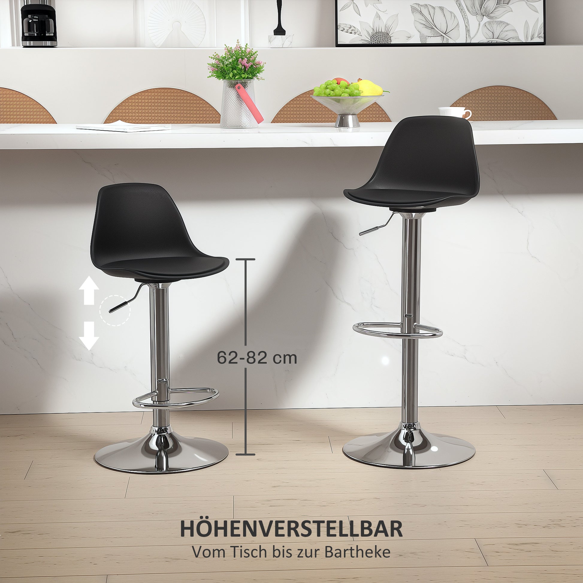 Bar Stool Set of 2, Upholstered Bar Chair with Steel Frame, Backrest, Height Adjustable Kitchen Chairs with Footrest 360° Swivel Counter Stools for Kitchen, Living Room, Dining Room, Faux Leather Black