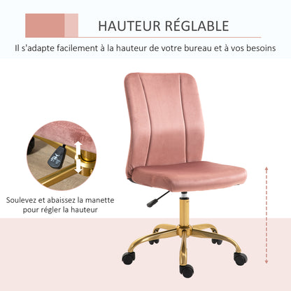 Contemporary Design Office Chair Swivel 360° Ergonomic Curved Backrest Adjustable Height Velvet Upholstery 56 x 60 x 102 cm Pink and Gold