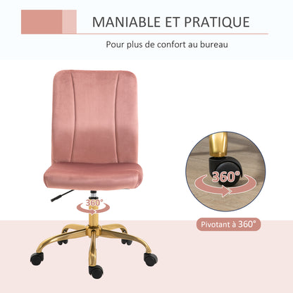 Contemporary Design Office Chair Swivel 360° Ergonomic Curved Backrest Adjustable Height Velvet Upholstery 56 x 60 x 102 cm Pink and Gold