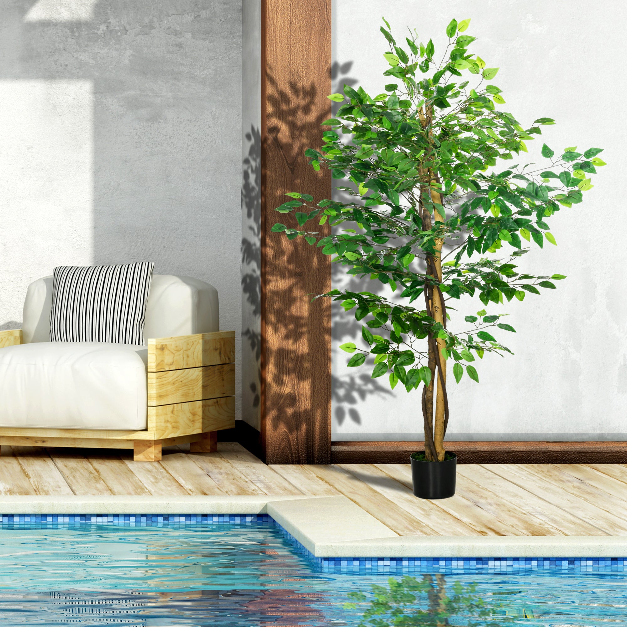 Set of 2 artificial plants artificial trees ficus 1.50m height trunk branches vine lichen leaves highly realistic pot included, indoor, green
