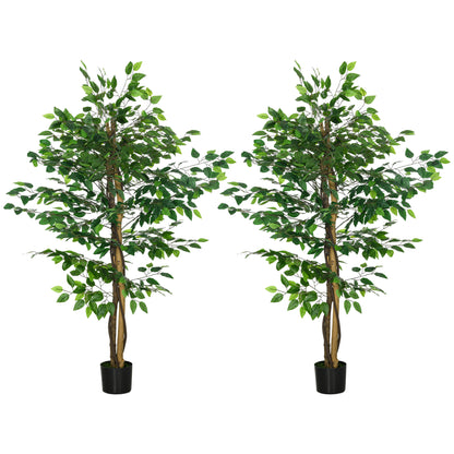 Set of 2 artificial plants artificial trees ficus 1.50m height trunk branches vine lichen leaves highly realistic pot included, indoor, green