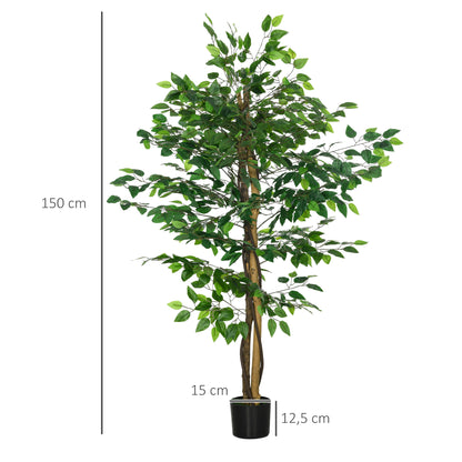 Set of 2 artificial plants artificial trees ficus 1.50m height trunk branches vine lichen leaves highly realistic pot included, indoor, green