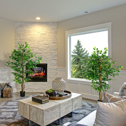 Set of 2 artificial plants artificial trees ficus 1.50m height trunk branches vine lichen leaves highly realistic pot included, indoor, green