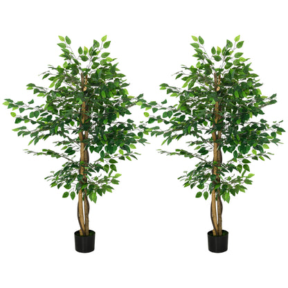Set of 2 artificial plants artificial trees ficus 1.50m height trunk branches vine lichen leaves highly realistic pot included, indoor, green