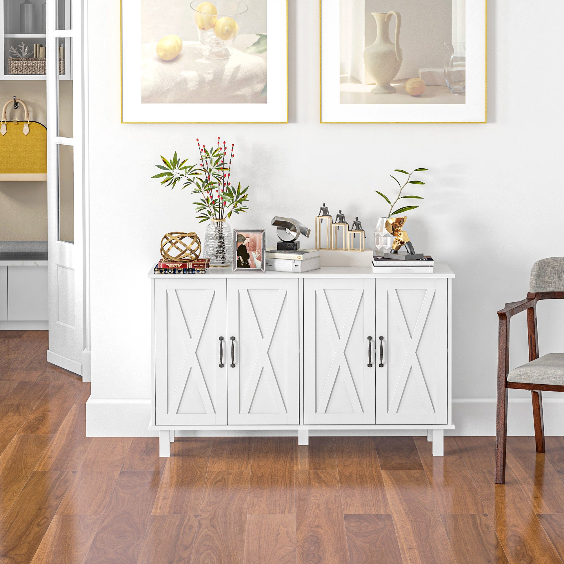 Country Style Low Storage Cabinet Kitchen Buffet 2 Double-Door Cupboards with Adjustable Shelves 120 x 37 x 75 cm - White