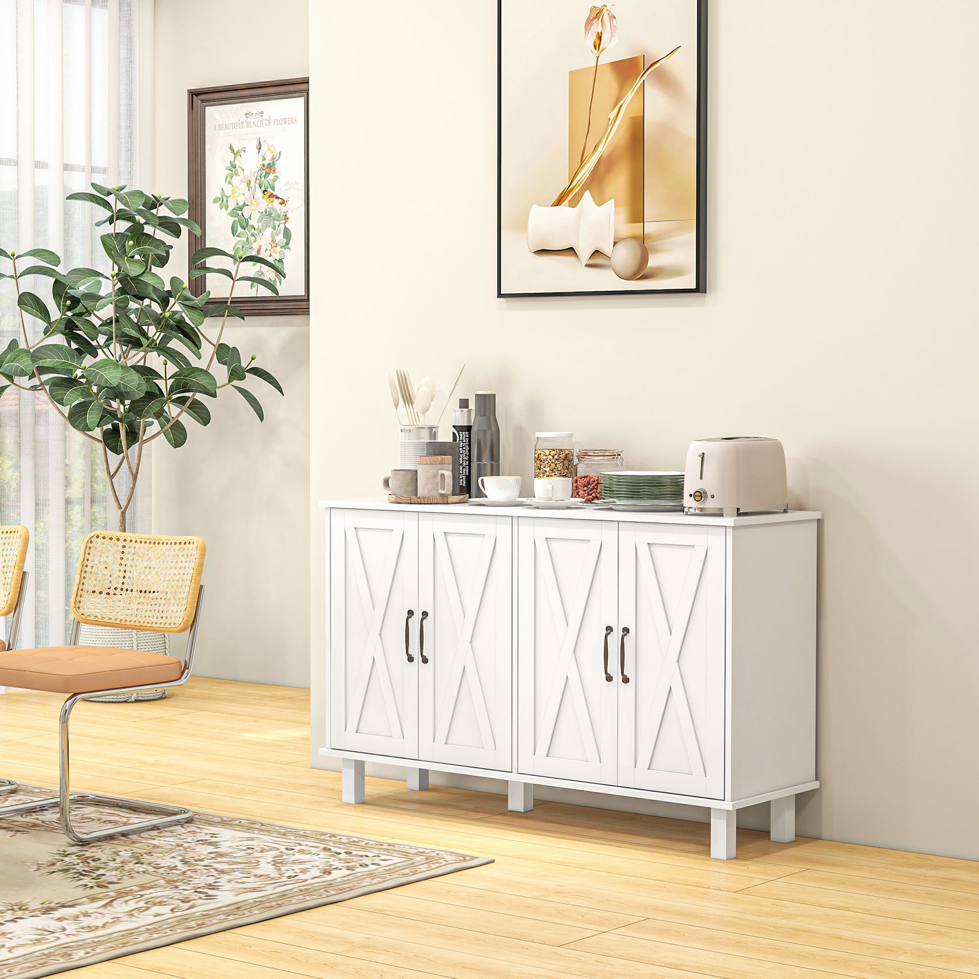 Country Style Low Storage Cabinet Kitchen Buffet 2 Double-Door Cupboards with Adjustable Shelves 120 x 37 x 75 cm - White