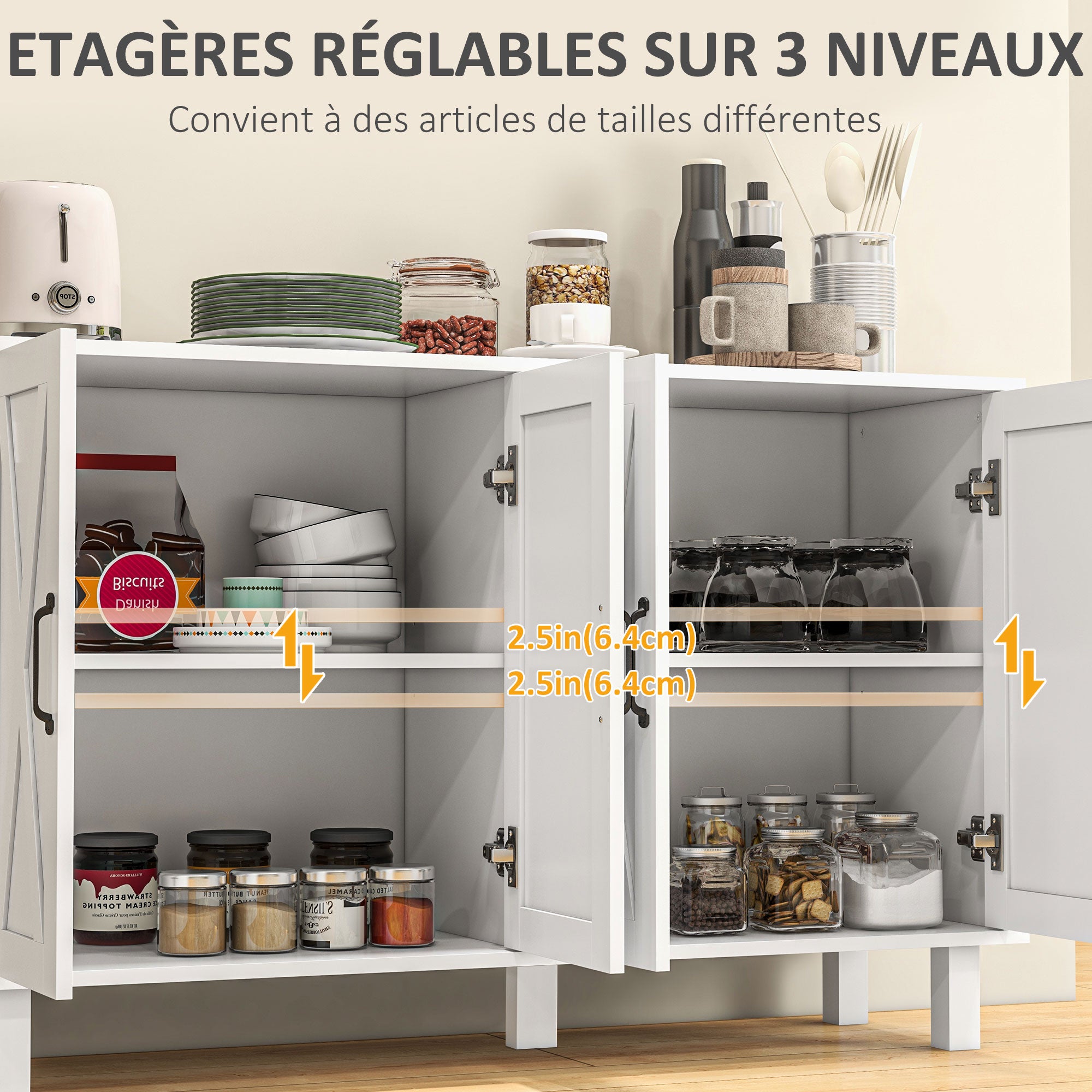 Country Style Low Storage Cabinet Kitchen Buffet 2 Double-Door Cupboards with Adjustable Shelves 120 x 37 x 75 cm - White