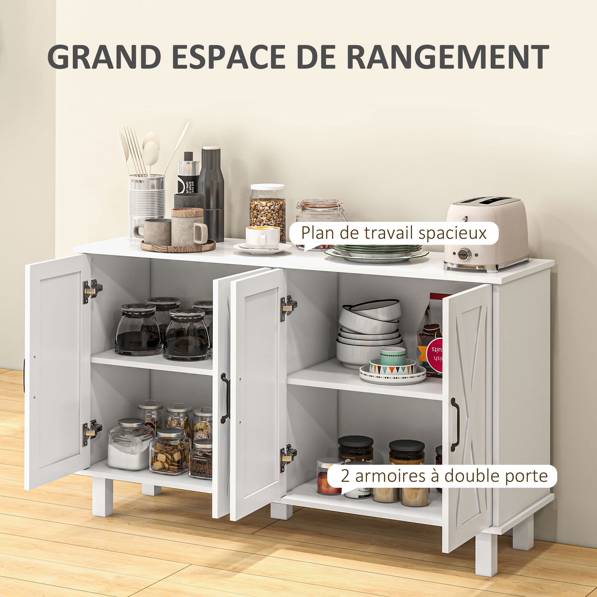 Country Style Low Storage Cabinet Kitchen Buffet 2 Double-Door Cupboards with Adjustable Shelves 120 x 37 x 75 cm - White