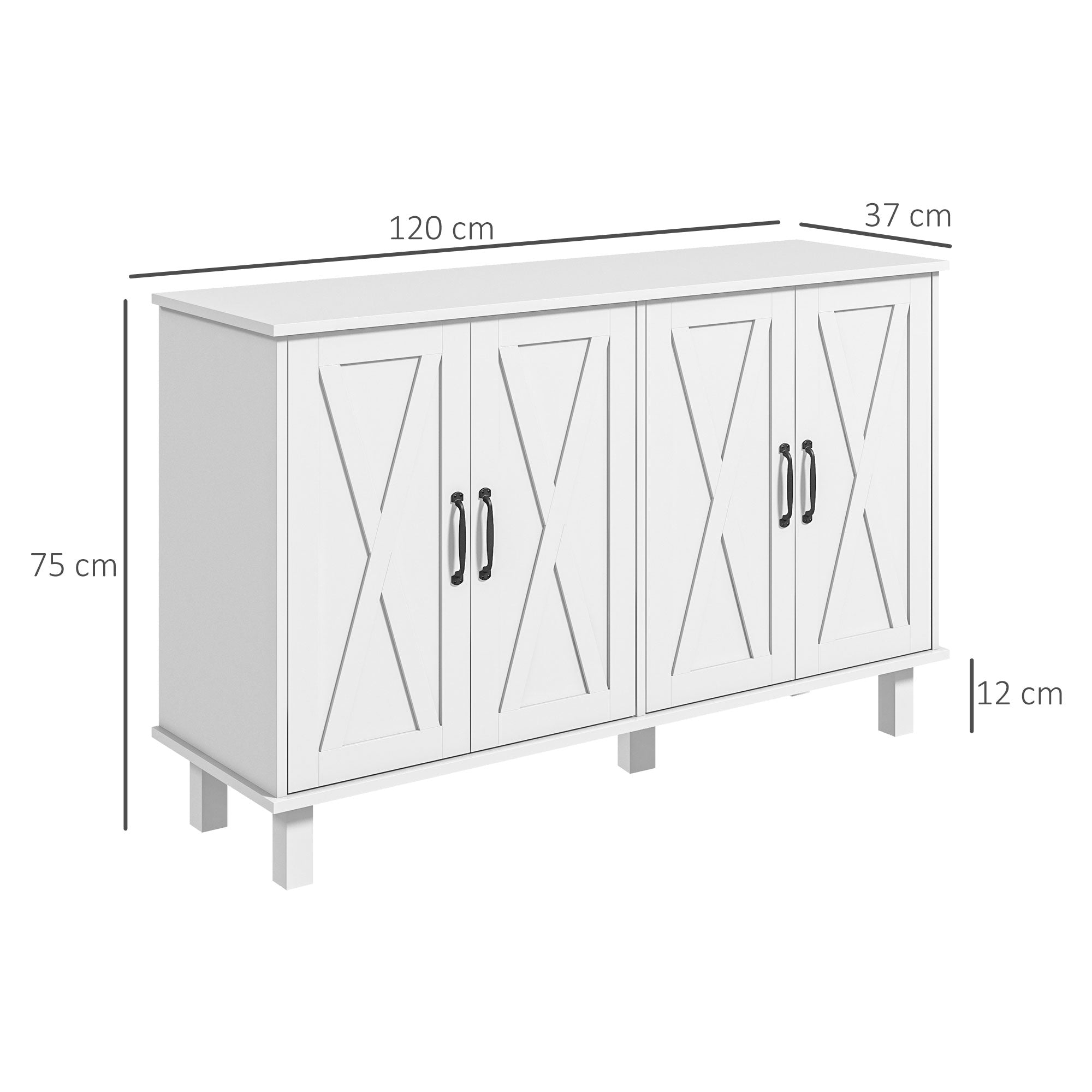 Country Style Low Storage Cabinet Kitchen Buffet 2 Double-Door Cupboards with Adjustable Shelves 120 x 37 x 75 cm - White