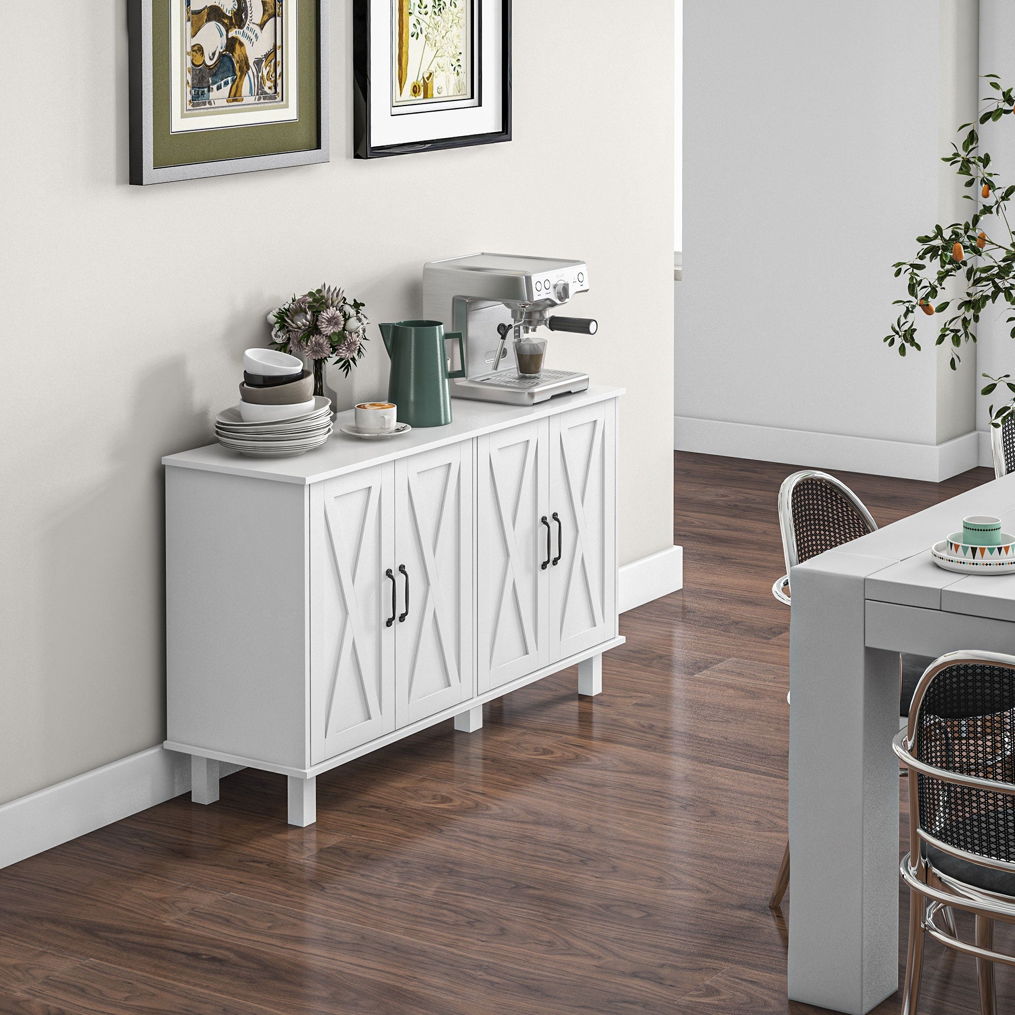 Country Style Low Storage Cabinet Kitchen Buffet 2 Double-Door Cupboards with Adjustable Shelves 120 x 37 x 75 cm - White