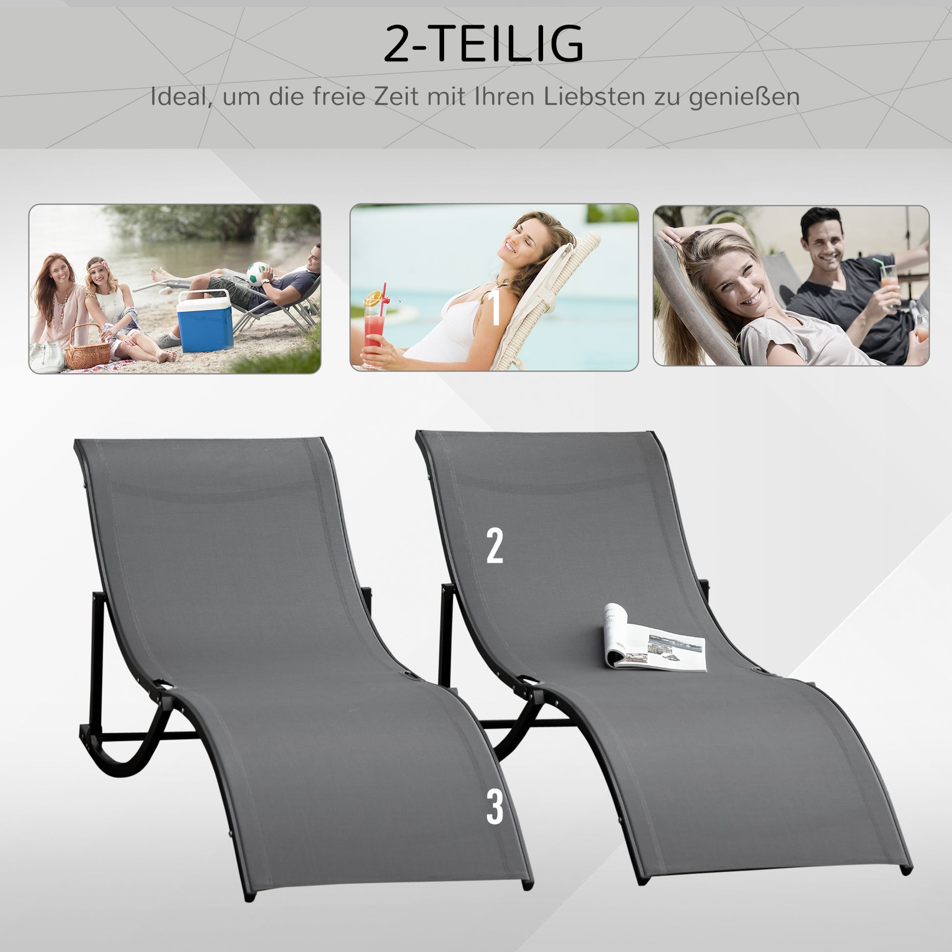 2-Piece Sun Lounger Set Garden Loungers Fabric Lounger Ergonomic Aluminum Texteline Dark Gray 165 x 61 x 63 cm