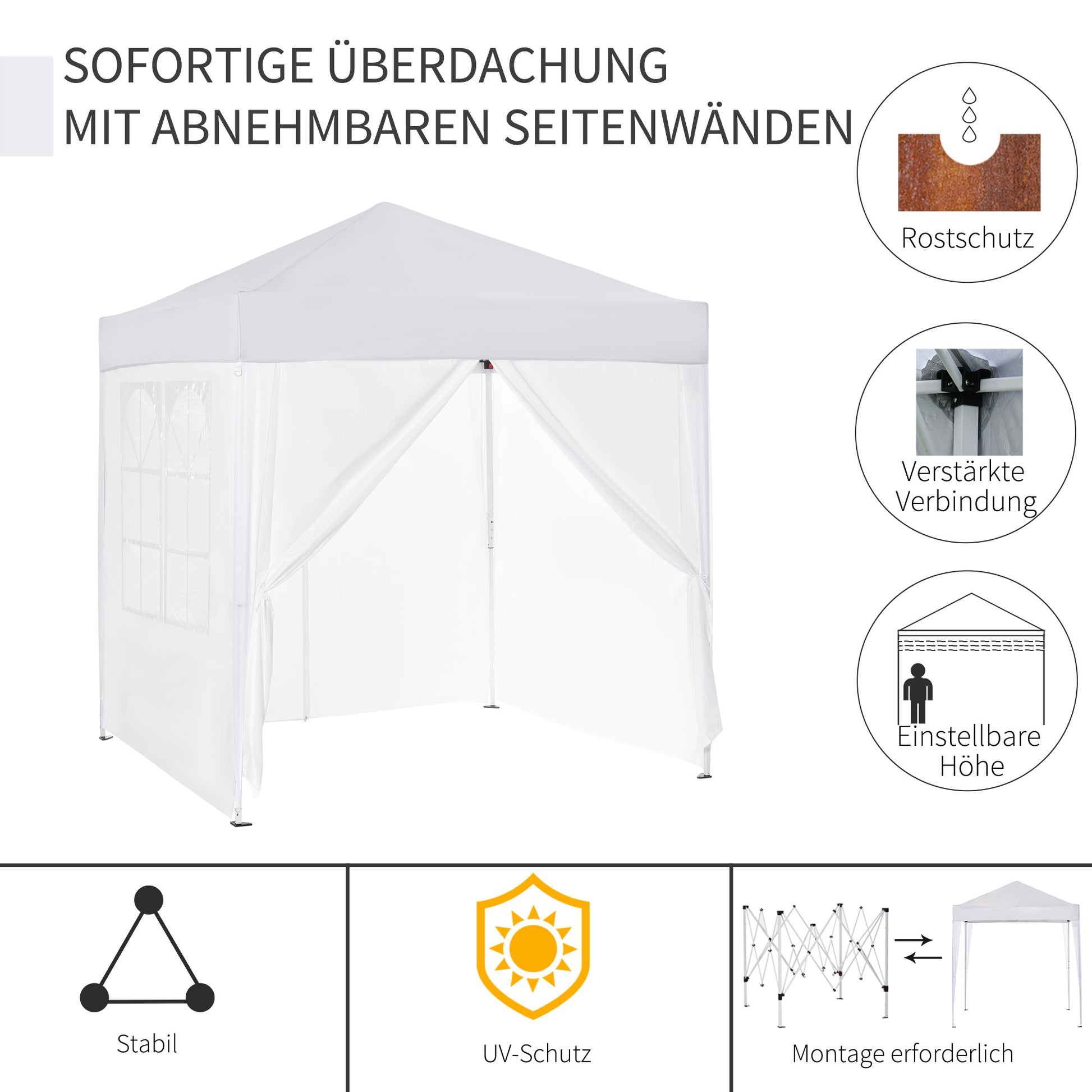 Pavilion 2x2m Waterproof, Pop-up Folding Pavilion with 4 Sidewalls, Drainage Holes Window, Foldable Party Tent UV 30+, Garden Canopy with Carrying Bag, Garden Pavilion for Terrace, White