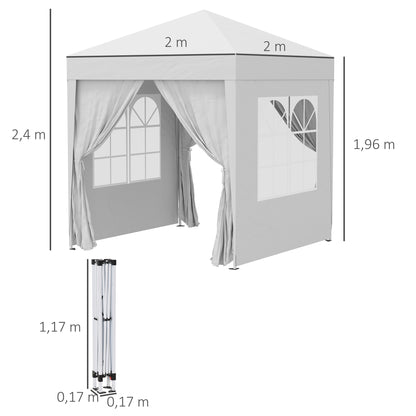 Pavilion 2x2m Waterproof, Pop-up Folding Pavilion with 4 Sidewalls, Drainage Holes Window, Foldable Party Tent UV 30+, Garden Canopy with Carrying Bag, Garden Pavilion for Terrace, White