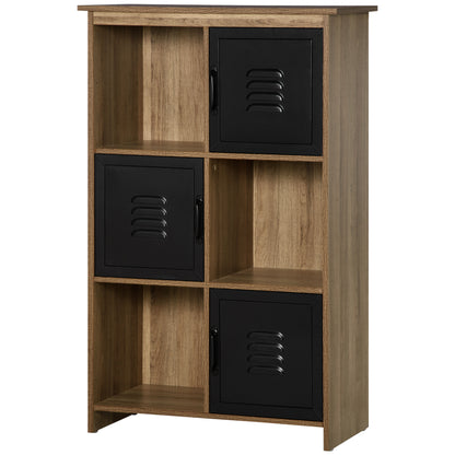 Industrial Design Bookshelf - Storage Unit 3 Compartments 3 Lockers - Wood Look with Black Metal Doors