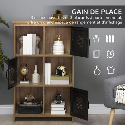 Industrial Design Bookshelf - Storage Unit 3 Compartments 3 Lockers - Wood Look with Black Metal Doors