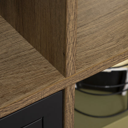 Industrial Design Bookshelf - Storage Unit 3 Compartments 3 Lockers - Wood Look with Black Metal Doors