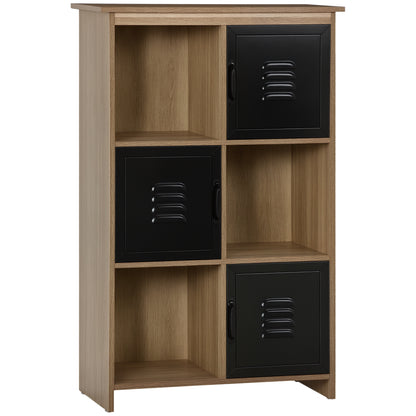 Industrial Design Bookshelf - Storage Unit 3 Compartments 3 Lockers - Wood Look with Black Metal Doors