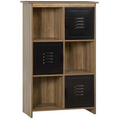 Industrial Design Bookshelf - Storage Unit 3 Compartments 3 Lockers - Wood Look with Black Metal Doors