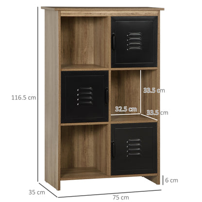 Industrial Design Bookshelf - Storage Unit 3 Compartments 3 Lockers - Wood Look with Black Metal Doors