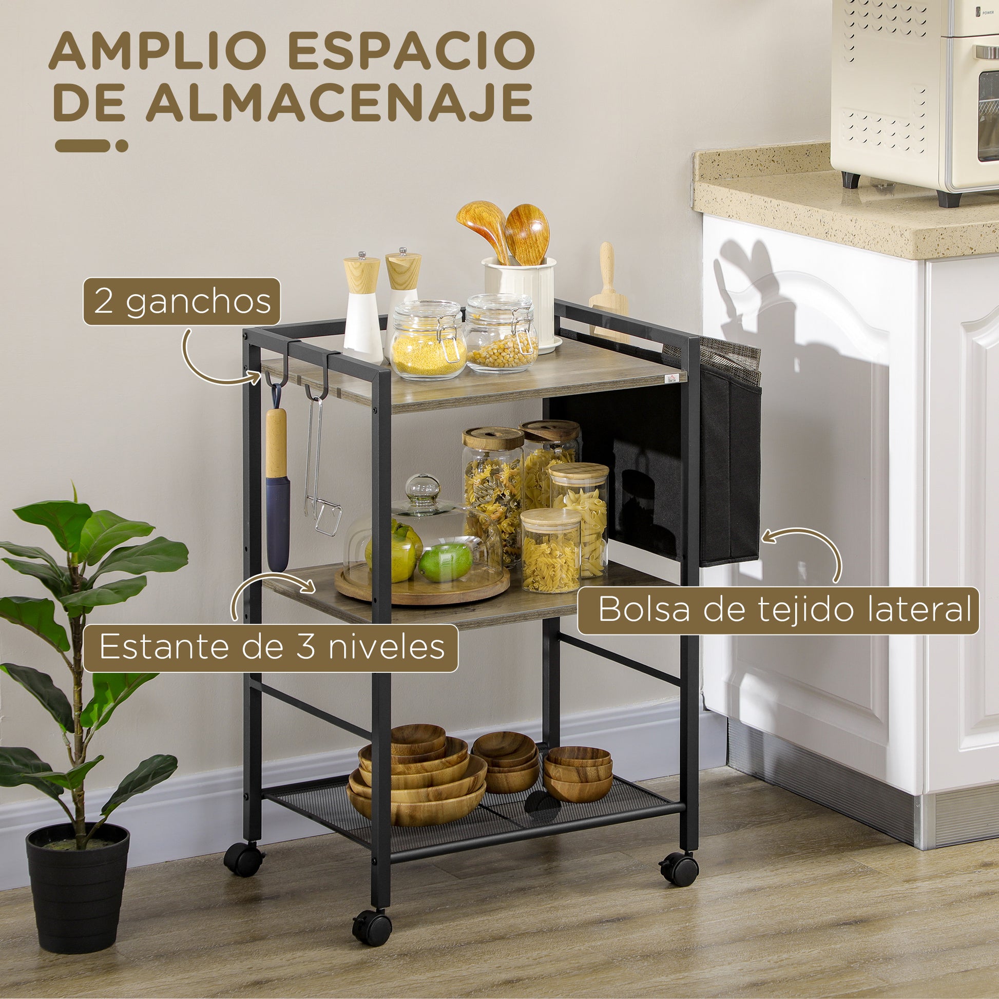Utility Cart with Wheels 3-Tier Storage Cart with Fabric Bag 2 Hooks and Steel Frame for Living Room Kitchen Dining Room 66x40x80.5 cm Gray