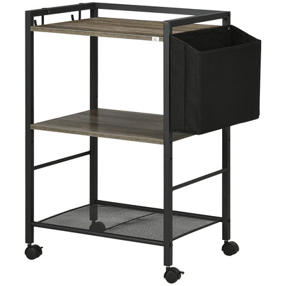 Utility Cart with Wheels 3-Tier Storage Cart with Fabric Bag 2 Hooks and Steel Frame for Living Room Kitchen Dining Room 66x40x80.5 cm Gray